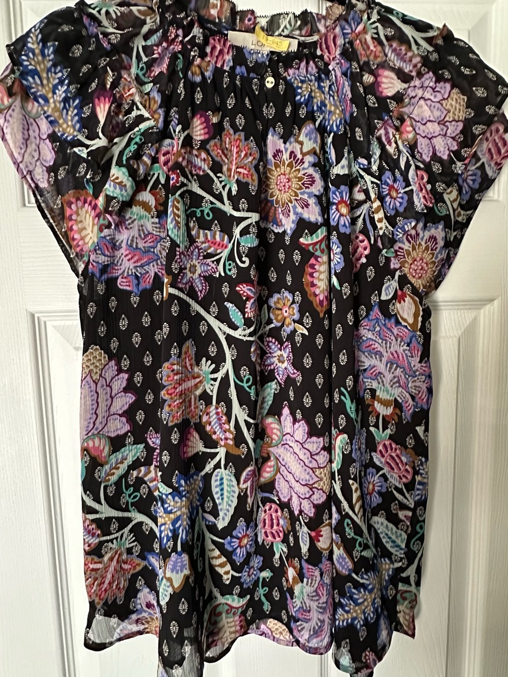 LOFT Black Sheer Floral Peasant Top with Multicolor Blooms